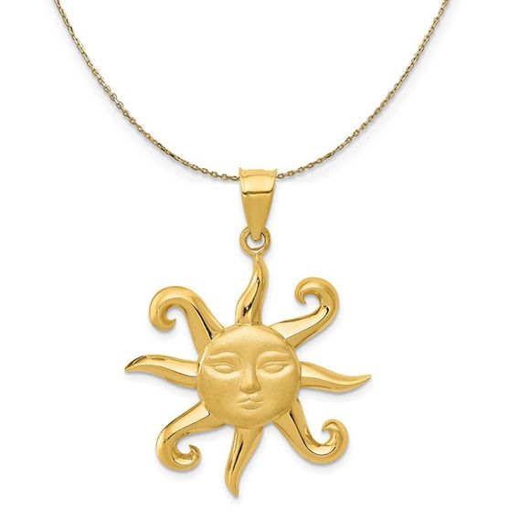 14k Yellow Gold Large Satin and Polished 2D Sun Necklace - 20 Inch